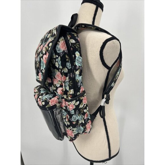 No Boundaries Nylon Flap Backpack Clear Vinyl Pocket Black Floral NWT 16" deep - Picture 3 of 8